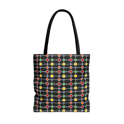 Geometric White Grid with Squares - Black 000000 - Tote Bag