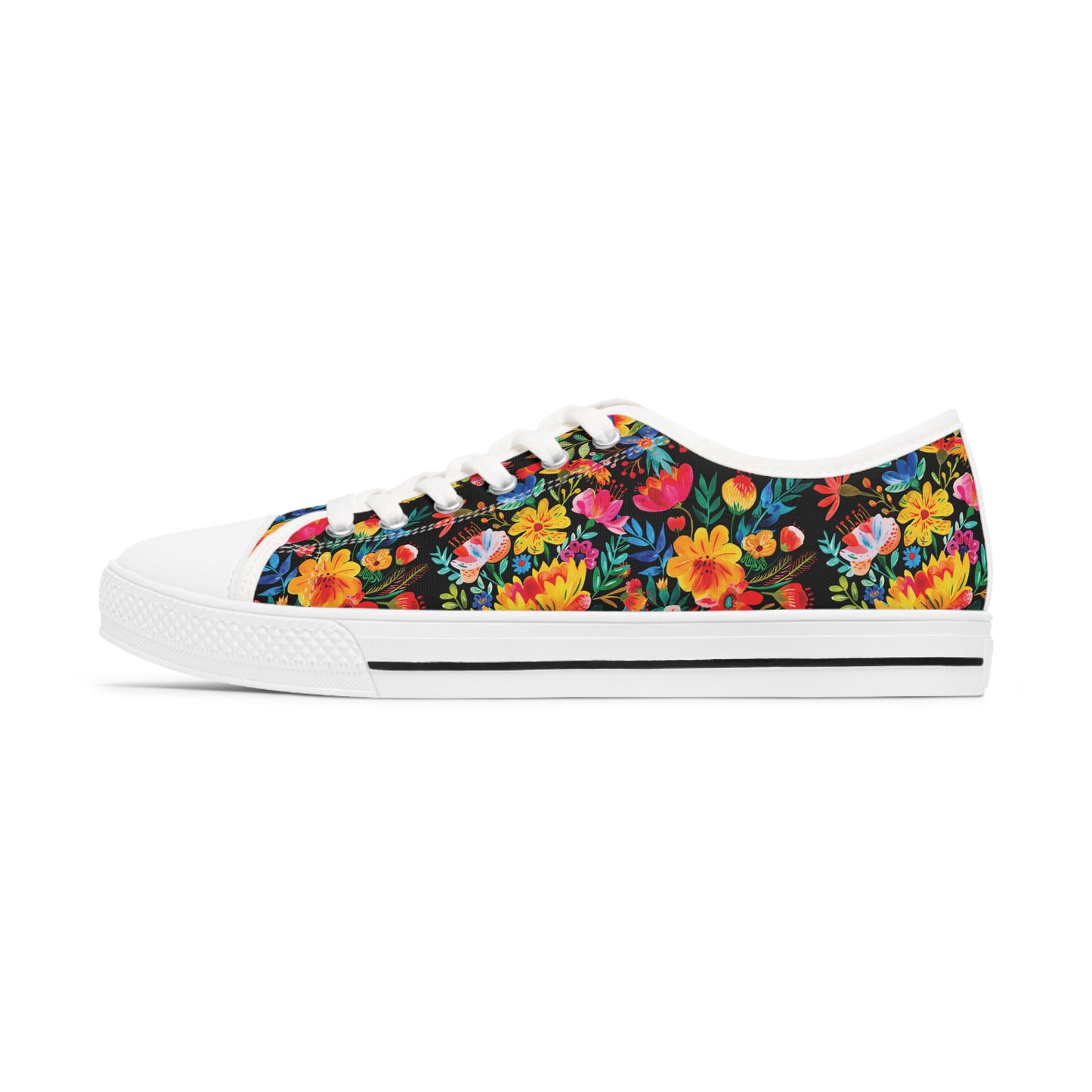 Bright Bold Watercolor Flowers - Black 000000 - Women's Low Top Sneakers