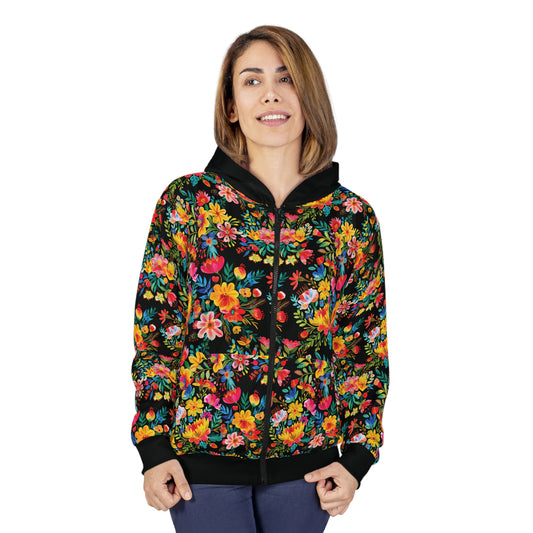 Bright Bold Watercolor Flowers - Black 000000 - Unisex Zip Hoodie