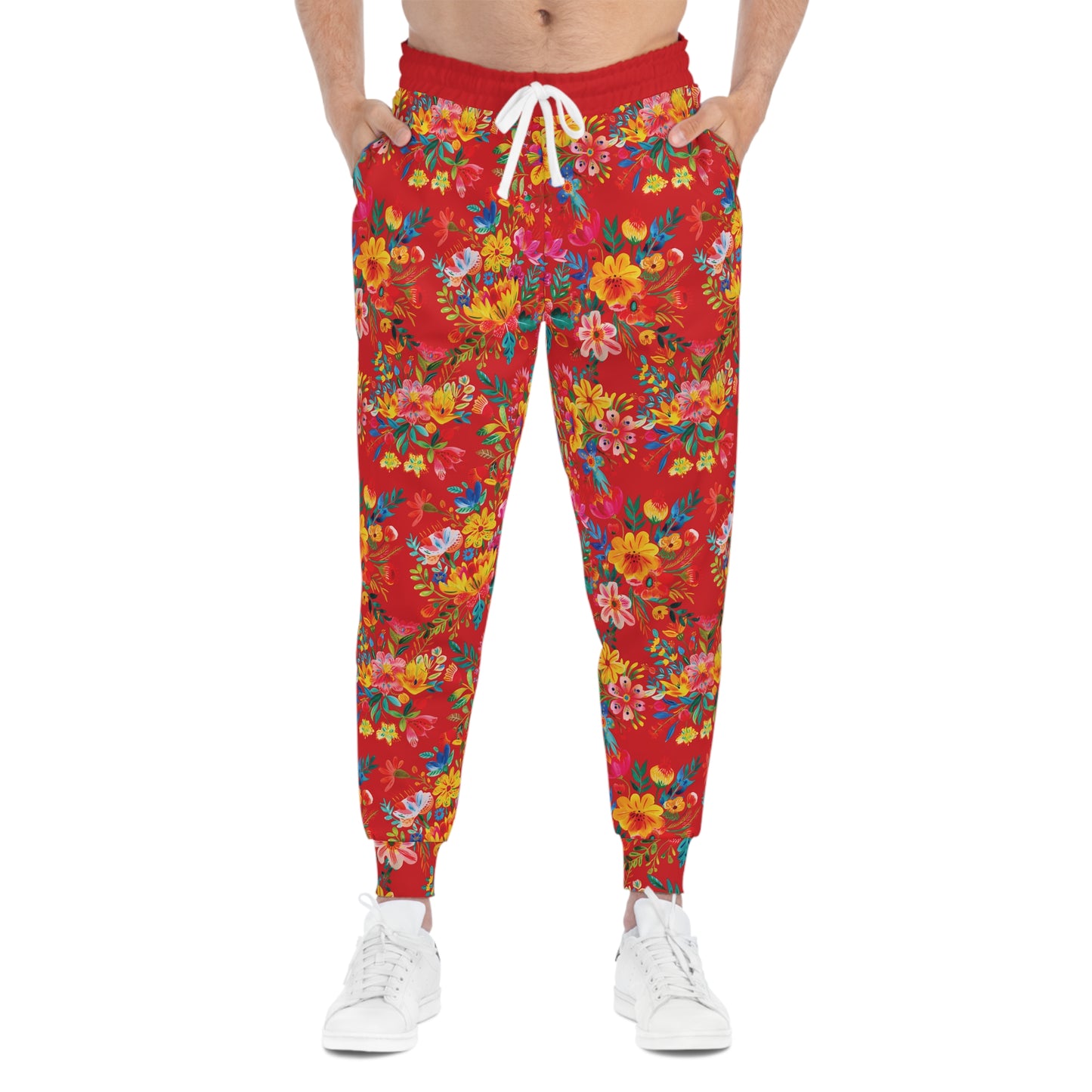 Bright Bold Watercolor Flowers - Scarlet de0000 - Athletic Joggers