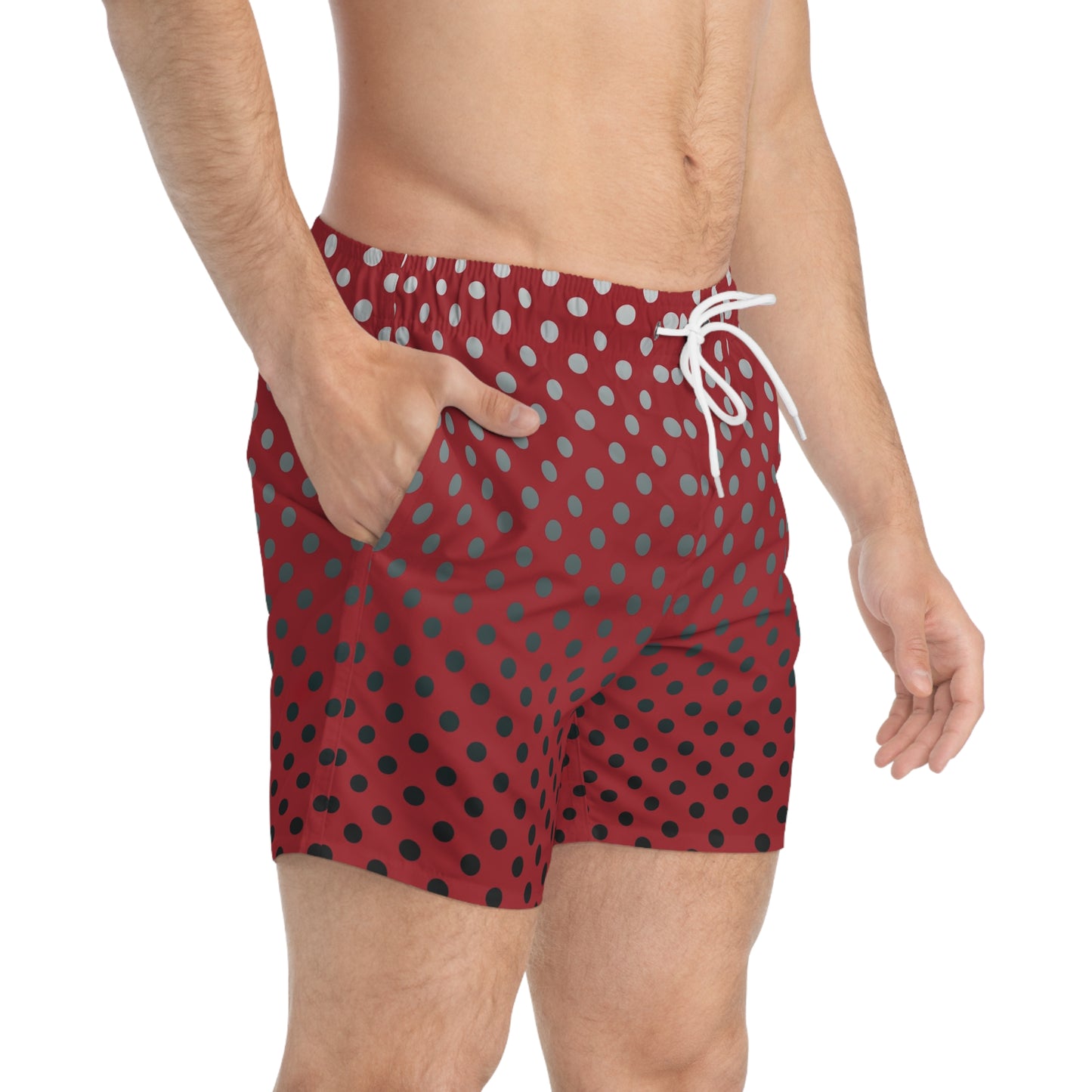 Red with Black Gray White Dots - Swim Trunks