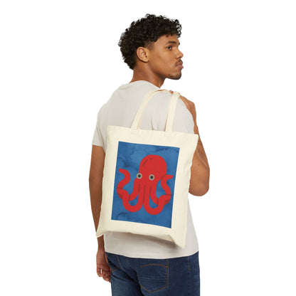 BIG Octopus - Dark Blue Watercolor Background - Cotton Canvas Tote Bag