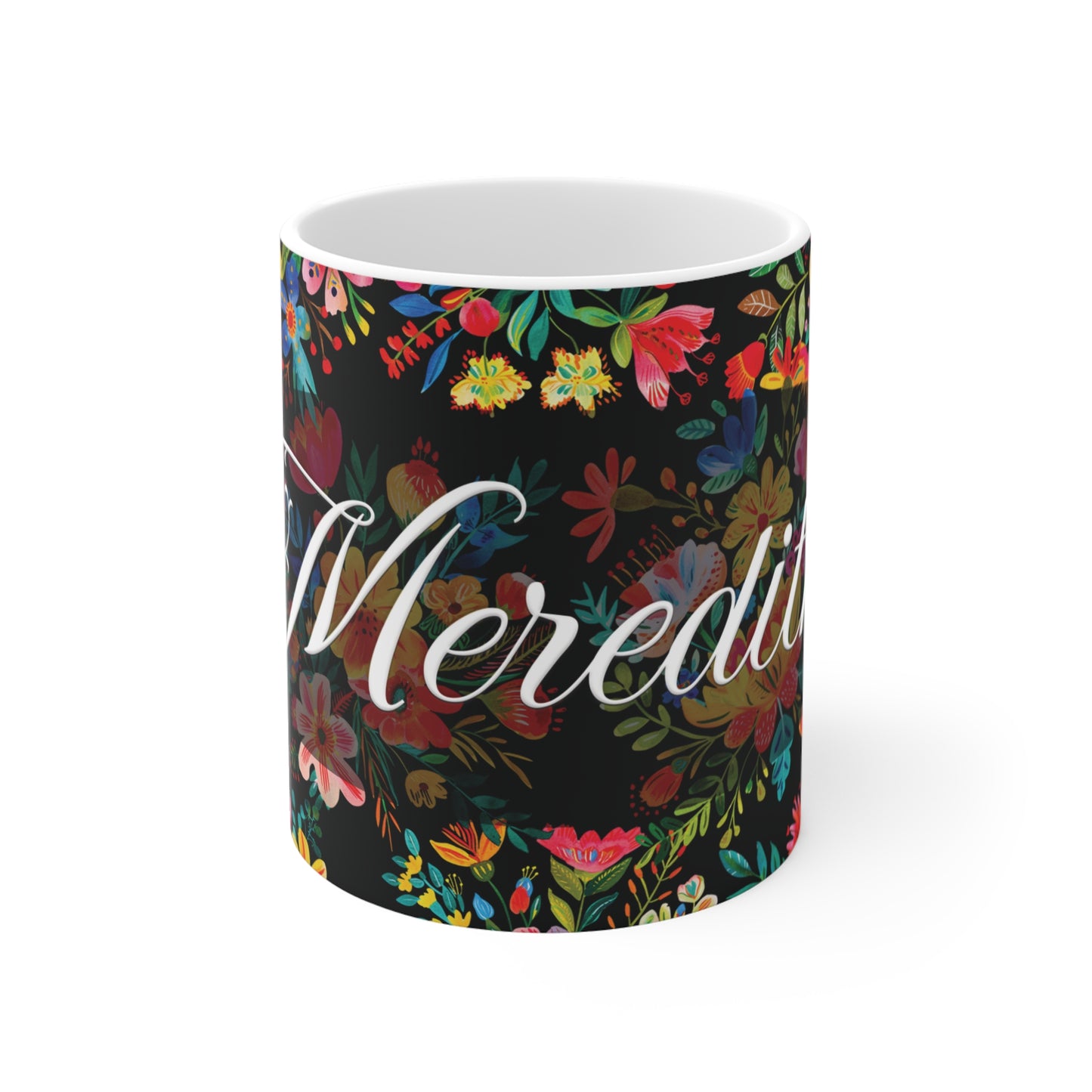 Meredith - Bright Bold Watercolor Flowers - Black 000000 - Mug 11oz