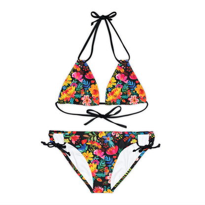 Bright Bold Watercolor Flowers - Black 000000 - Strappy Bikini Set