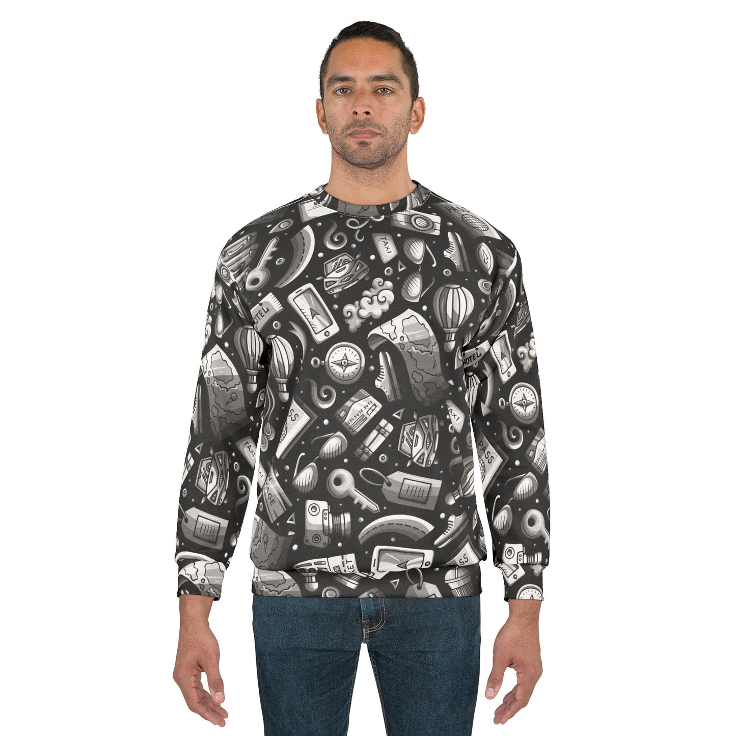 Travel Vibes - Gray on Black 000000 - Unisex Sweatshirt (AOP)