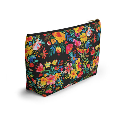 Bright Bold Watercolor Flowers - Black 000000 - Accessory Pouch w T-bottom