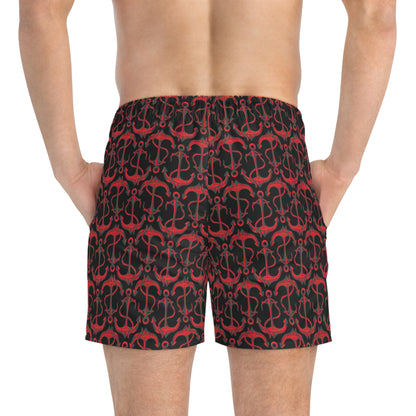 Anchors Away - Red - Black 000000 - Swim Trunks