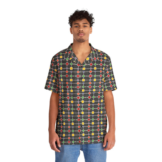Geometric White Grid with Squares - Black 000000 - Men's Hawaiian Shirt (AOP)