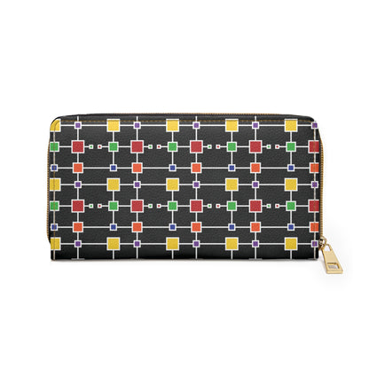 Geometric White Grid with Squares - Black 000000 - Zipper Wallet