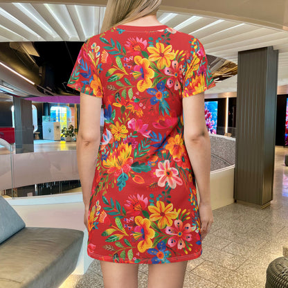 Bright Bold Watercolor Flowers - Scarlet - T-Shirt Dress