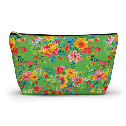 Bright Bold Watercolor Flowers - Bright Apple Green 56BD00 - Accessory Pouch w T-bottom