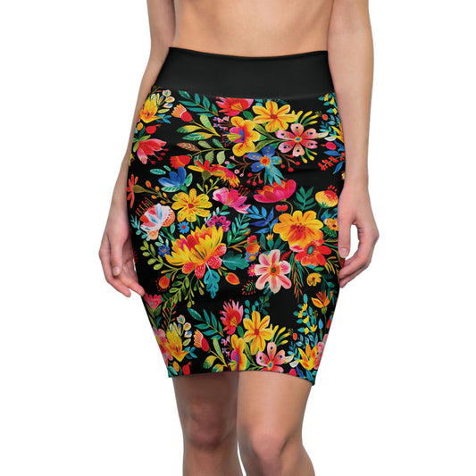 Bright Bold Watercolor Flowers - Black 000000 - Women's Pencil Skirt