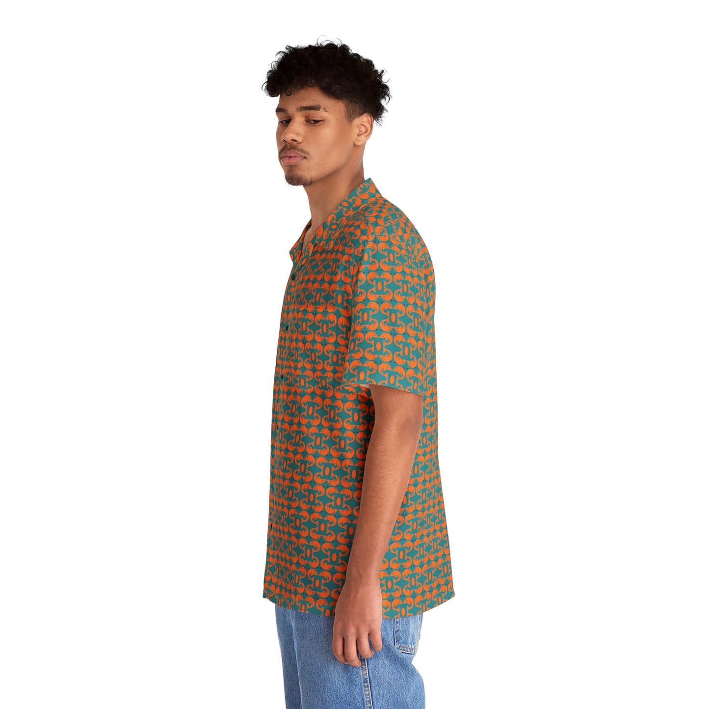 Playful Dolphins - Orange - Aqua 008E97 - Men's Hawaiian Shirt