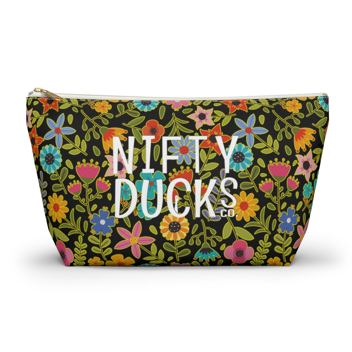 Nifty Ducks Co. Logo2 - Playful Spring flowers on black - Accessory Pouch w T-bottom
