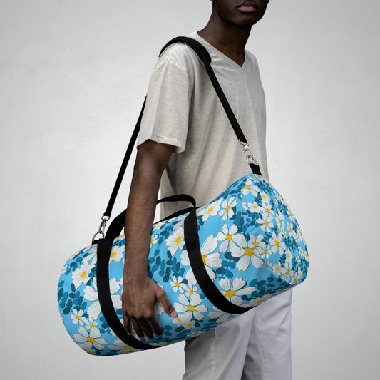 White Flowers on blue - Duffel Bag