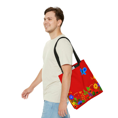 Duck in Bright Summer flowers - Scarlet de0000 - Tote Bag