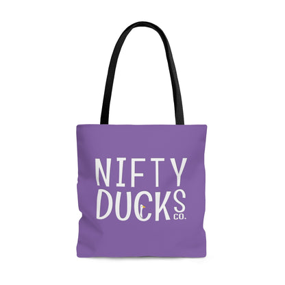 Nifty Ducks Co. Logo2 - white on purple - Tote Bag
