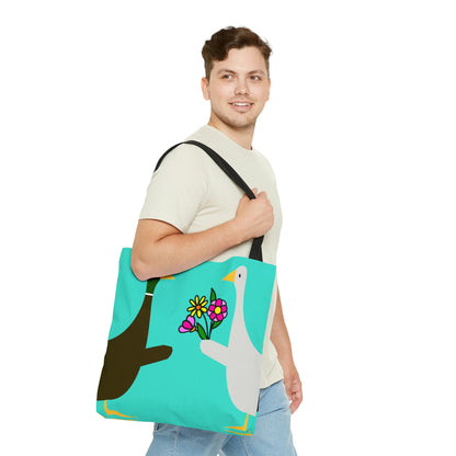 Ducks sharing flowers - Turquoise 40e0d0 - Tote Bag