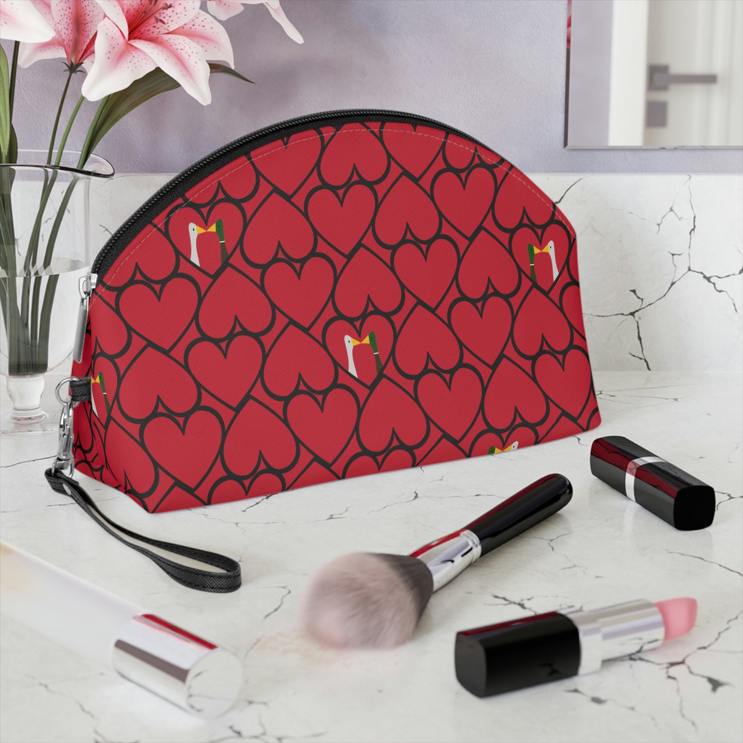 Ducks in hearts - Fire Engine Red c8092e - Makeup Bag