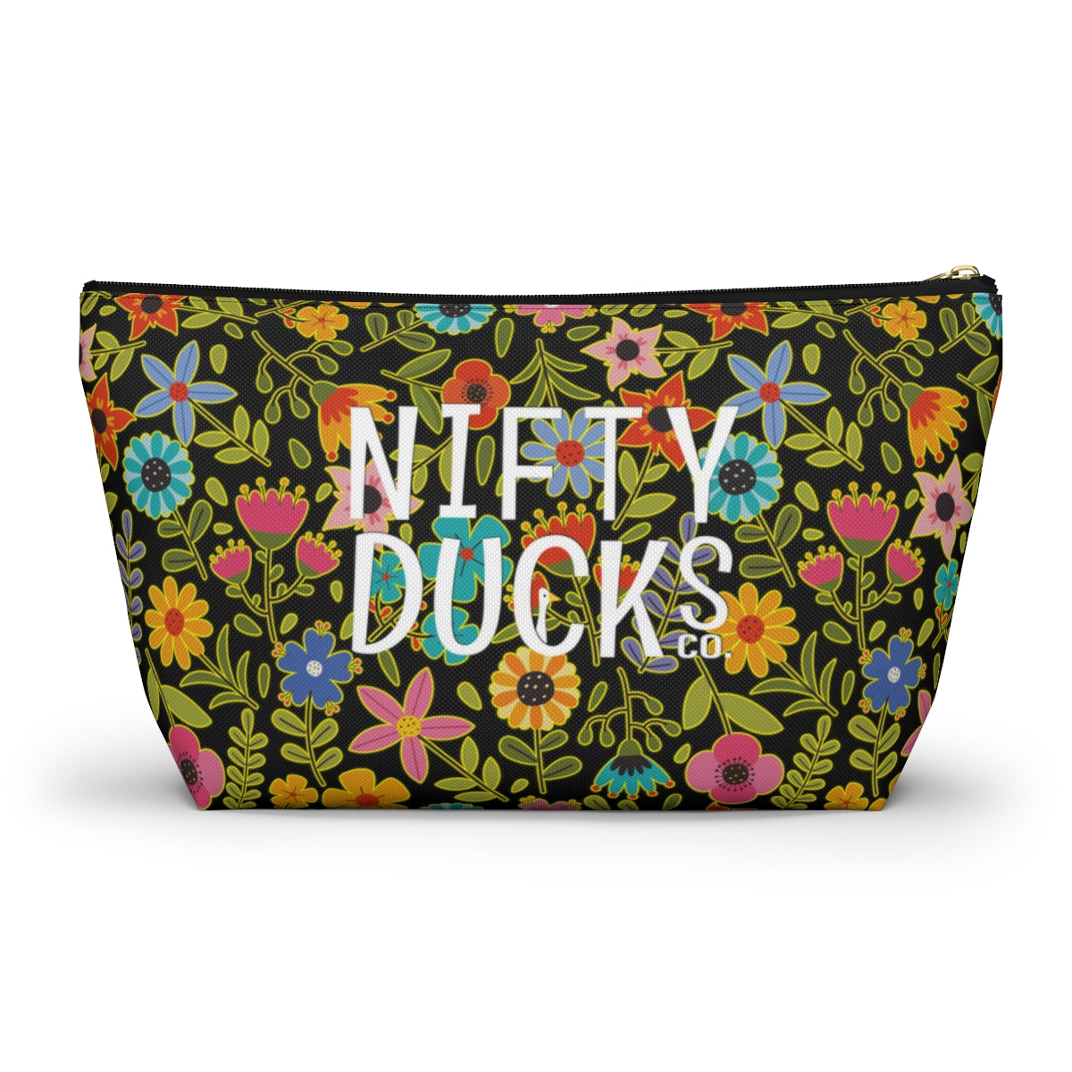 Nifty Ducks Co. Logo2 - Playful Spring flowers on black - Accessory Pouch w T-bottom