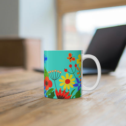 Bright Summer flowers - Turquoise 40e0d0 - Mug 11oz