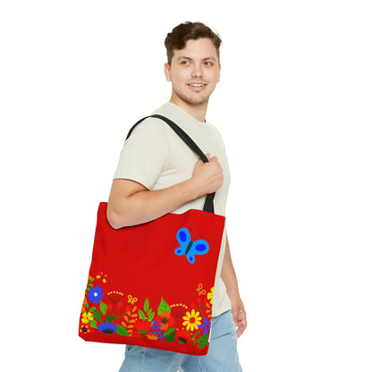 Duck in Bright Summer flowers - Scarlet de0000 - Tote Bag