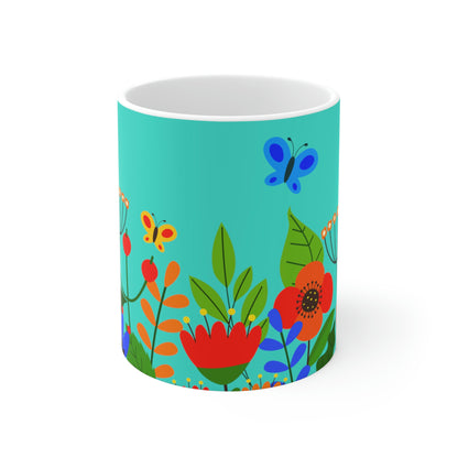 Bright Summer flowers - Turquoise 40e0d0 - Mug 11oz
