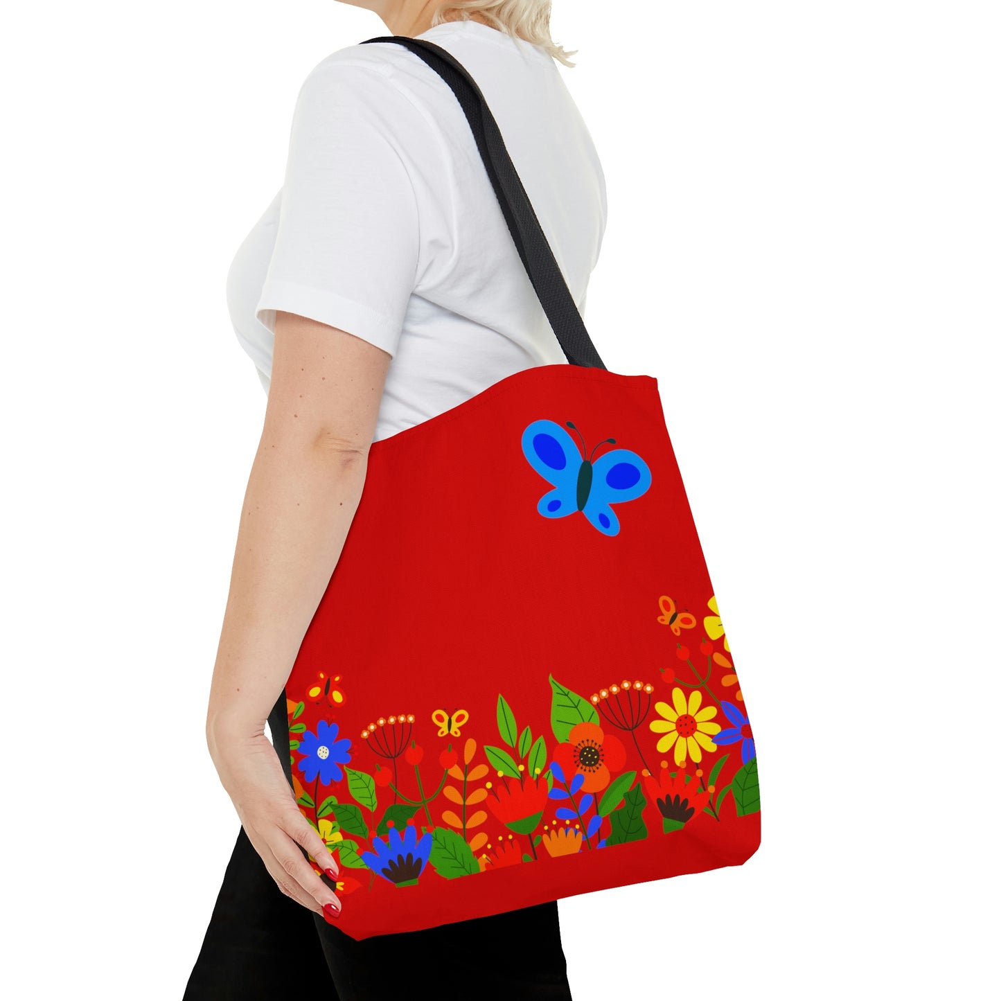 Duck in Bright Summer flowers - Scarlet de0000 - Tote Bag