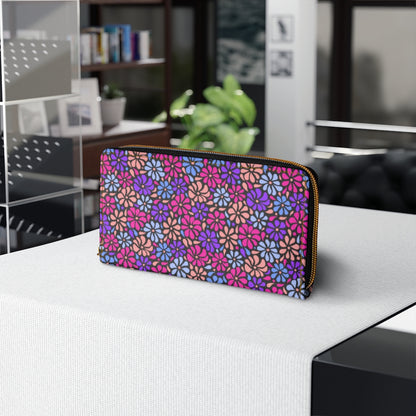 Bright Floral Print Black Background - Zipper Wallet