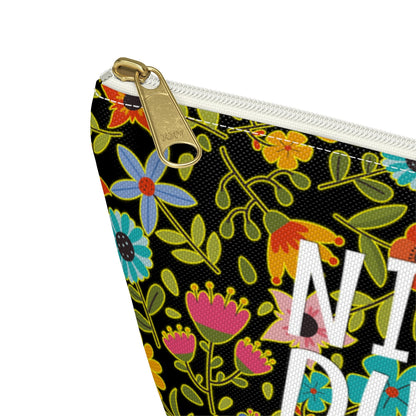 Nifty Ducks Co. Logo2 - Playful Spring flowers on black - Accessory Pouch w T-bottom