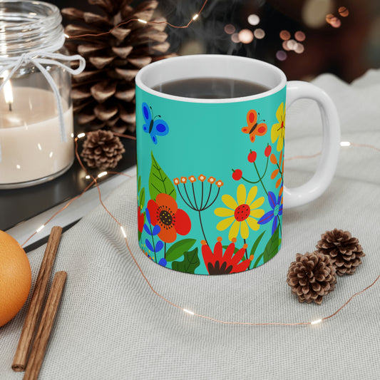 Bright Summer flowers - Turquoise 40e0d0 - Mug 11oz