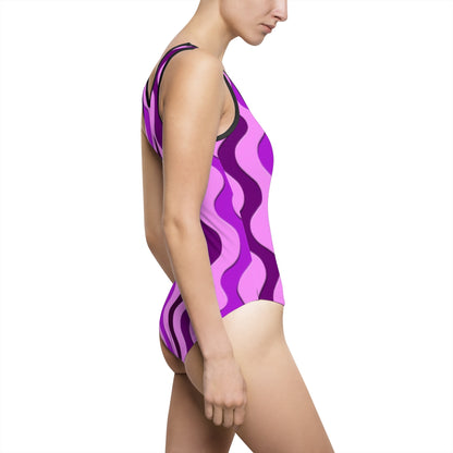 Vertical retro wavy purple and pink - Women's Classic One-Piece Swimsuit