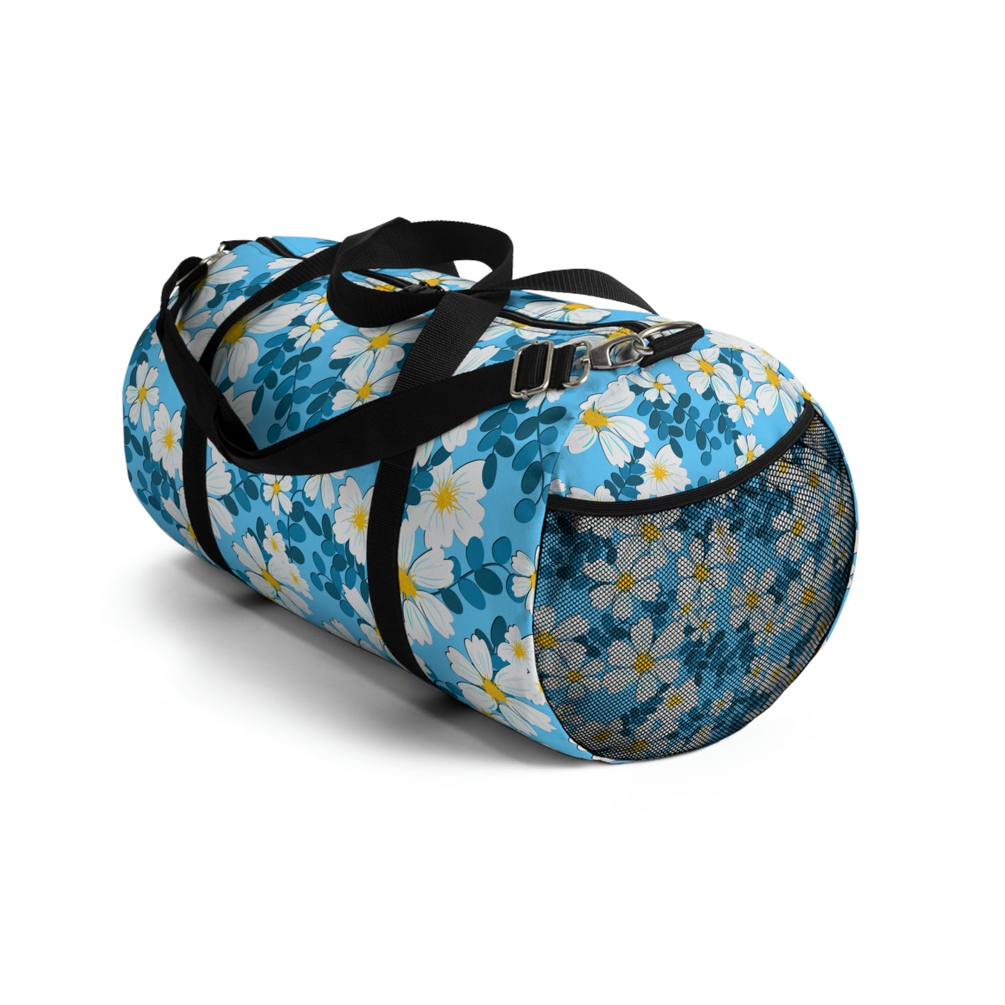 White Flowers on blue - Duffel Bag