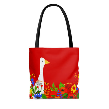 Duck in Bright Summer flowers - Scarlet de0000 - Tote Bag
