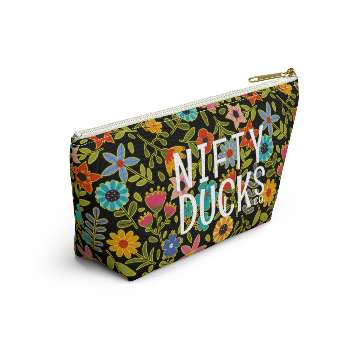 Nifty Ducks Co. Logo2 - Playful Spring flowers on black - Accessory Pouch w T-bottom