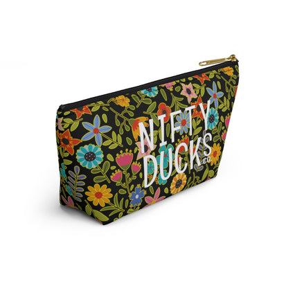 Nifty Ducks Co. Logo2 - Playful Spring flowers on black - Accessory Pouch w T-bottom