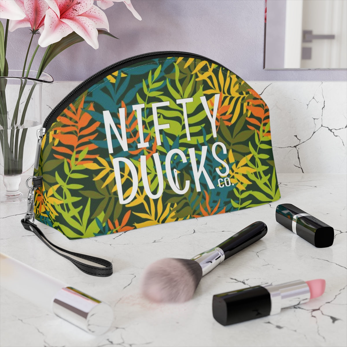 Nifty Ducks Co. Logo2 - lots of leaves - Makeup Bag