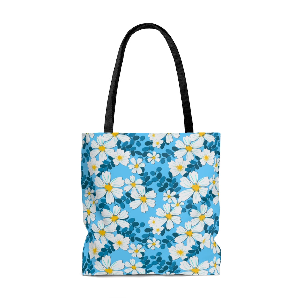 White Flowers on Blue - Tote Bag