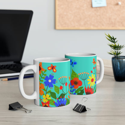 Bright Summer flowers - Turquoise 40e0d0 - Mug 11oz